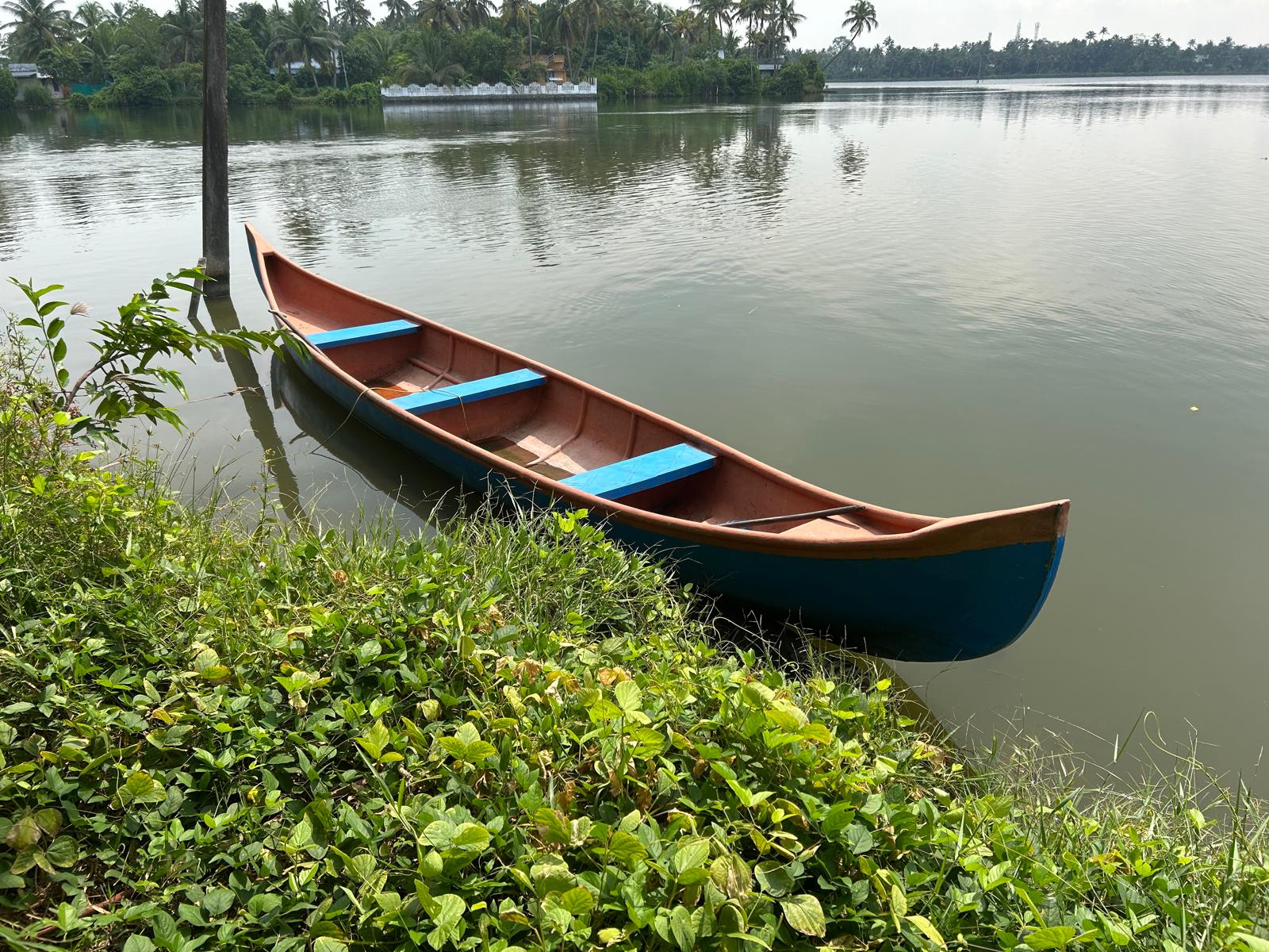Wooden canoe moored at a grassy water's edge