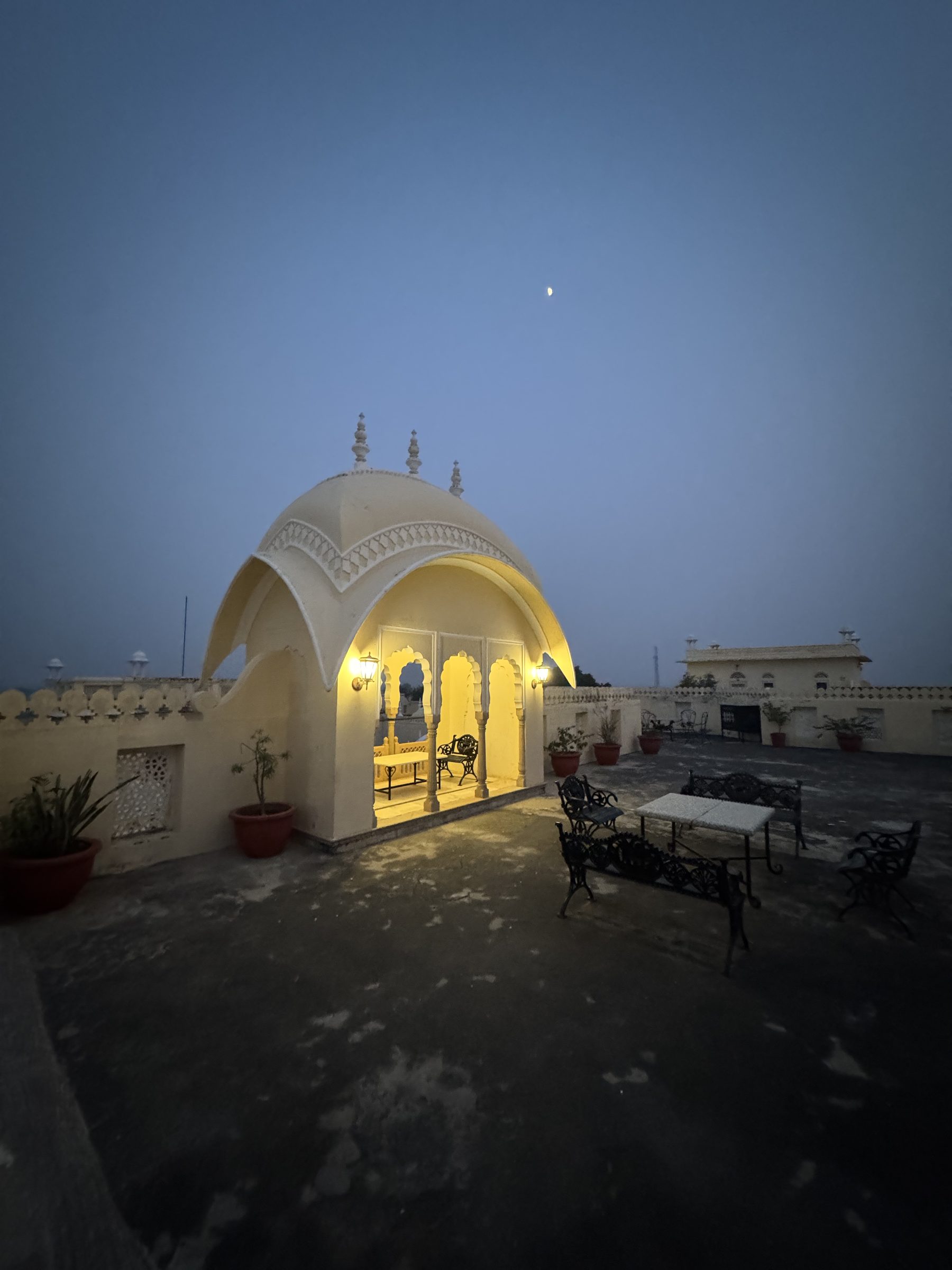 Rooftop pavilion in moonlight