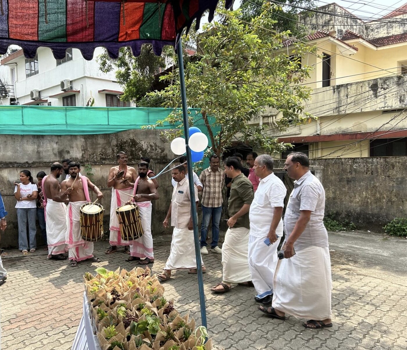 Traditional Kerala drummers in white mundus playing at an outdoor ceremony