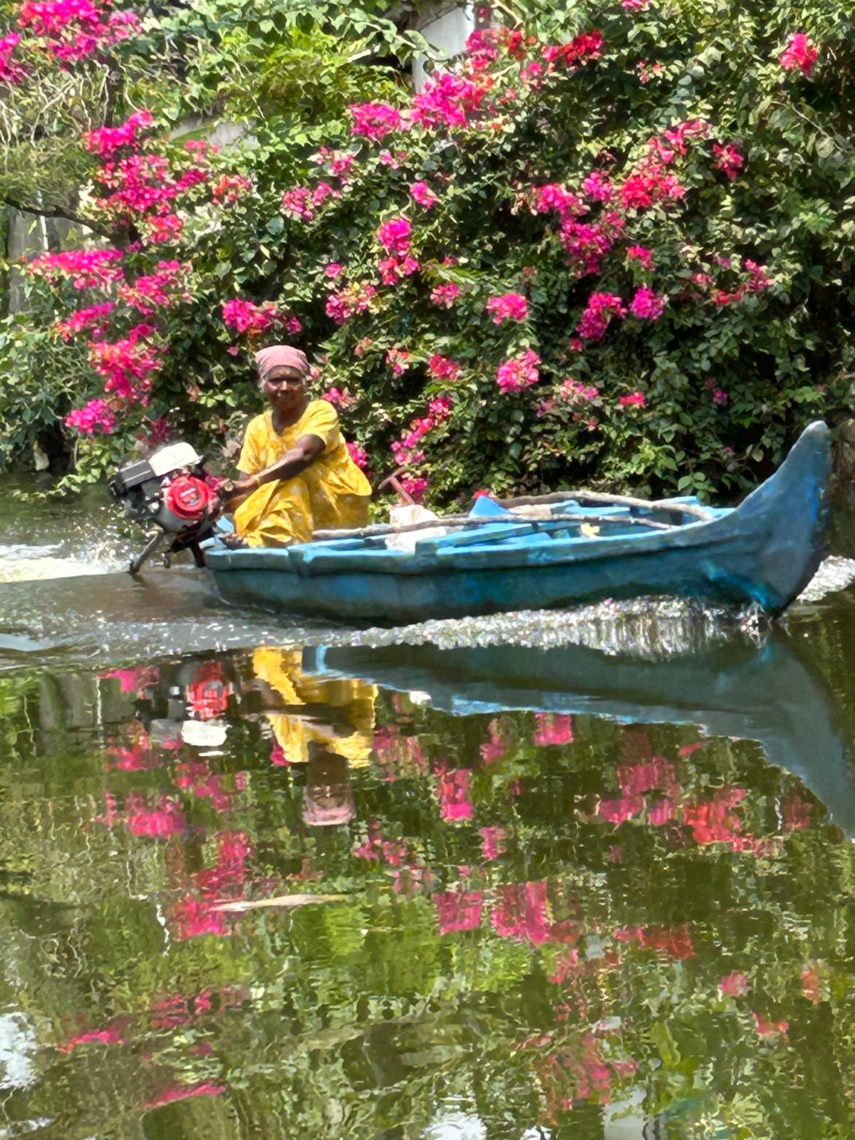 Woman steering a blue boat past pink bougainvillea